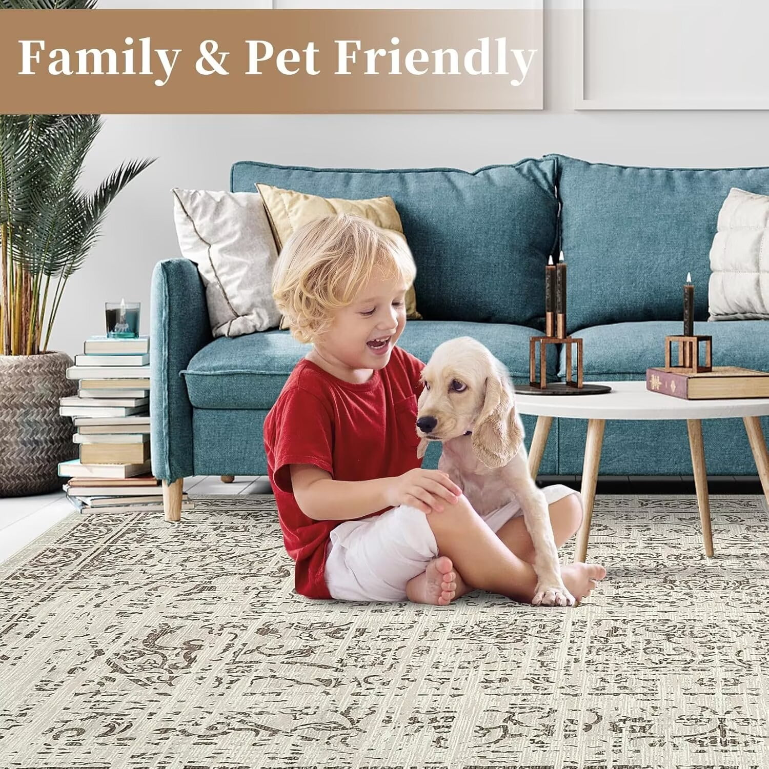 FairOnly Large Area Rugs 8'x10' Vintage Distressed Washable Carpet for Bedroom Camel Stain-Resistant for Home Office