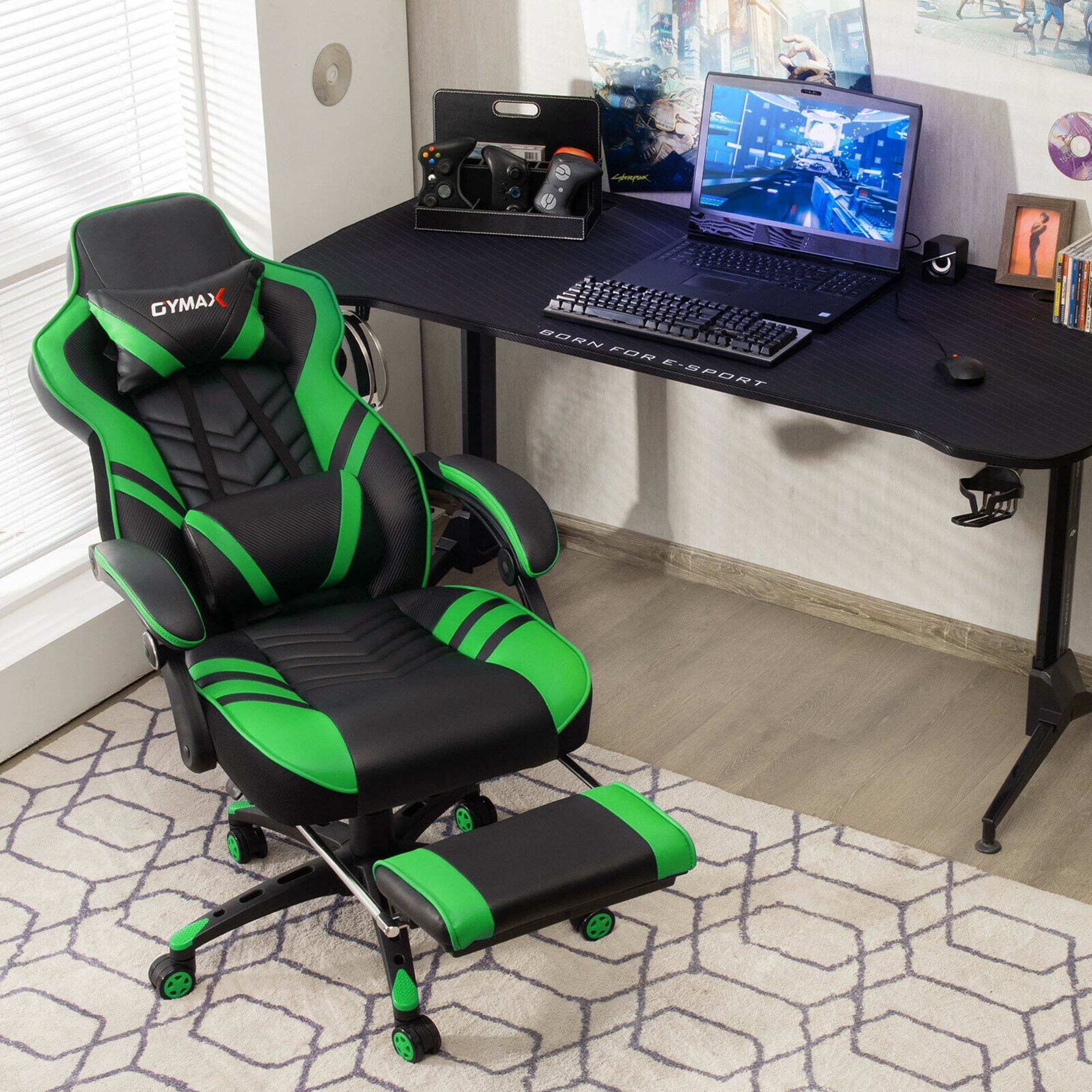 Gymax Office Computer Desk Chair Gaming Chair Adjustable Swivel w/Footrest Green
