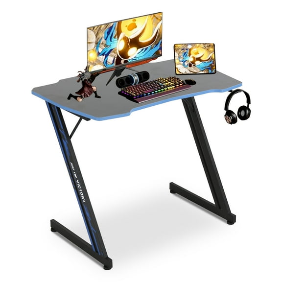 YRLLENSDAN Gaming Desk Z Shaped 39in Computer Gaming Workstation Ergonomic Gaming Table with Headphone Hook for Game Players, Blue