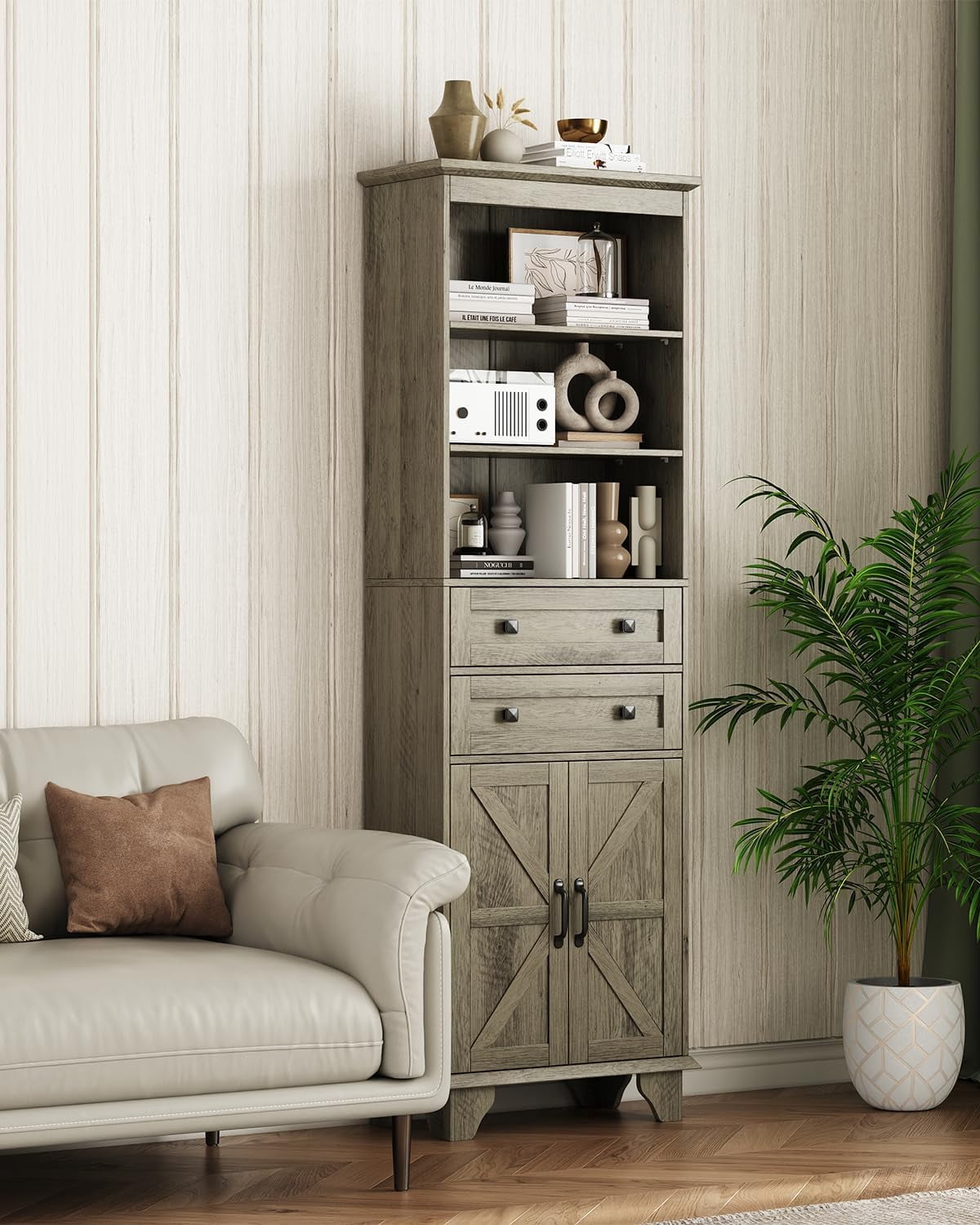 NEGYLIM 72" Tall Bathroom Storage Cabinet, Freestanding Cabinet with Adjustable Shelves, Large Bathroom Pantry Cabinet with 2 Drawers for Living Room, Kitchen, Dining Room, Office, Grey
