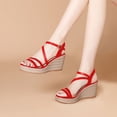 thumbnail image 2 of YDN Women Chic Platform Wedge Espadrilles High Heels Sandals Round Open Toe Ankle Strap Buckle Casual Vacation Shoes Size 7 Red, 2 of 5