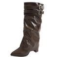 thumbnail image 2 of Viluyesy Womens Knee High Slouchy Boots Pointed Toe Buckle Wedge Heel Side Zip Faux Leather Comfortable Shoes Brown Size 9, 2 of 9