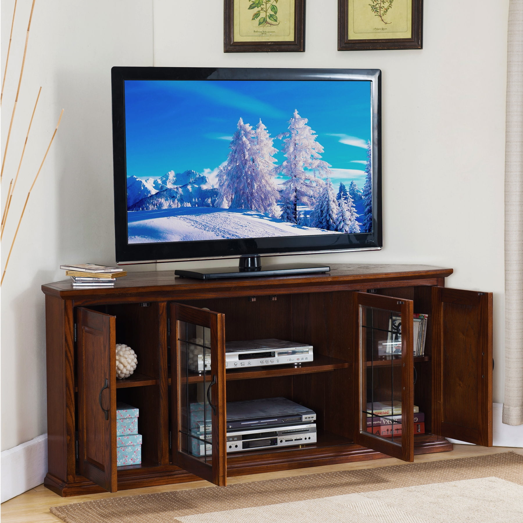 Leick Home Burnished Oak Corner TV Stand with Enclosed Storage for TVs up to 60 inches