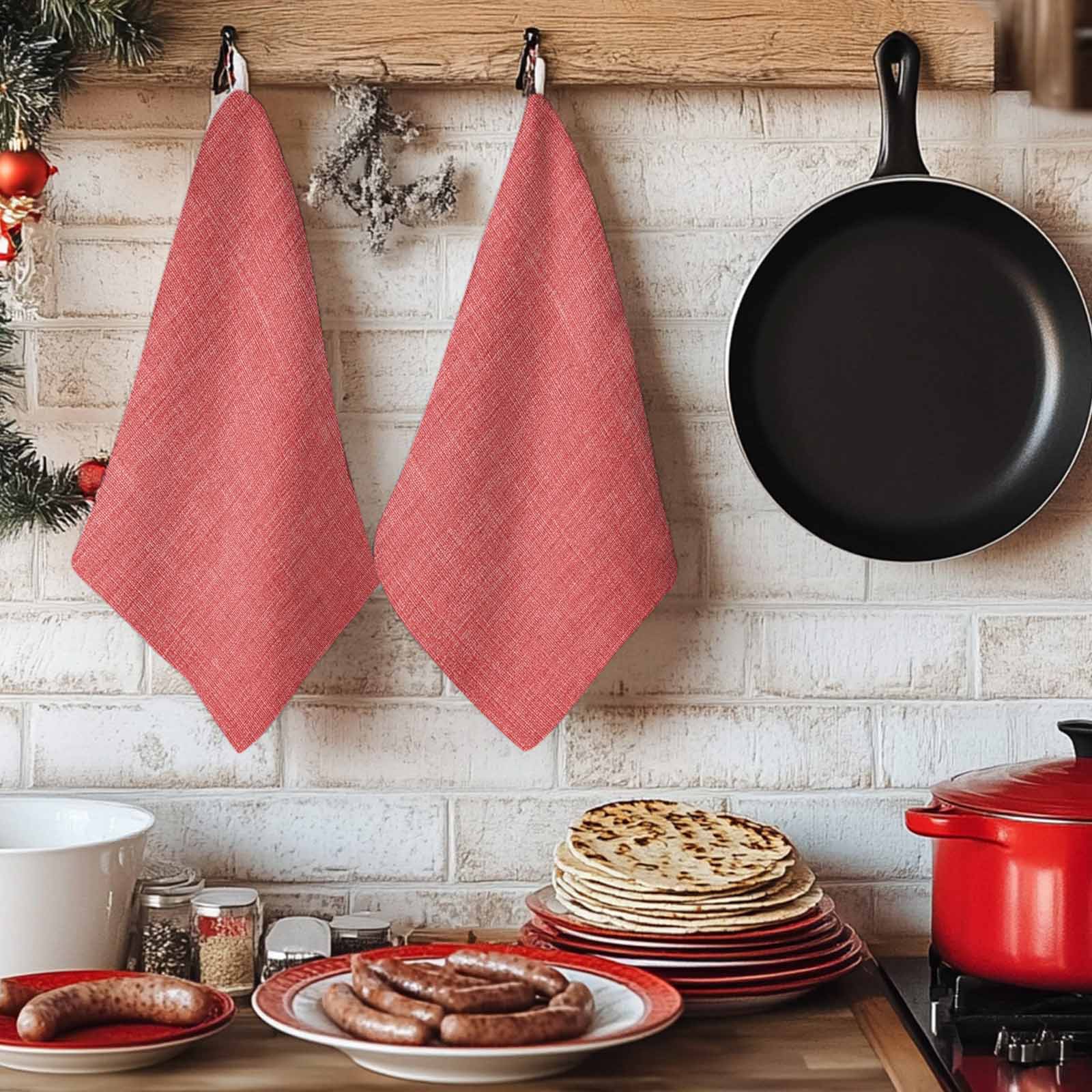 Dish Towels, Coral Red Linen Absorbent Kitchen Towels 2 PCS, Farmhouse Pure Color Microfiber Hand Towels Dish Cloths Tea Towels for Home&nbsp;Bathroom Cleaning Drying,18X28-Inch,