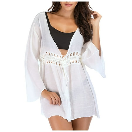 Rigardu Hot Sale!! Women s Swimsuit Beach Cover Up Shirt Bikini Beachwear Bathing Suit Beach Dress Swimwear Lace Beach Holiday Loose Frock Vacation Women s Bikini Plus Size Swimwear White One Size