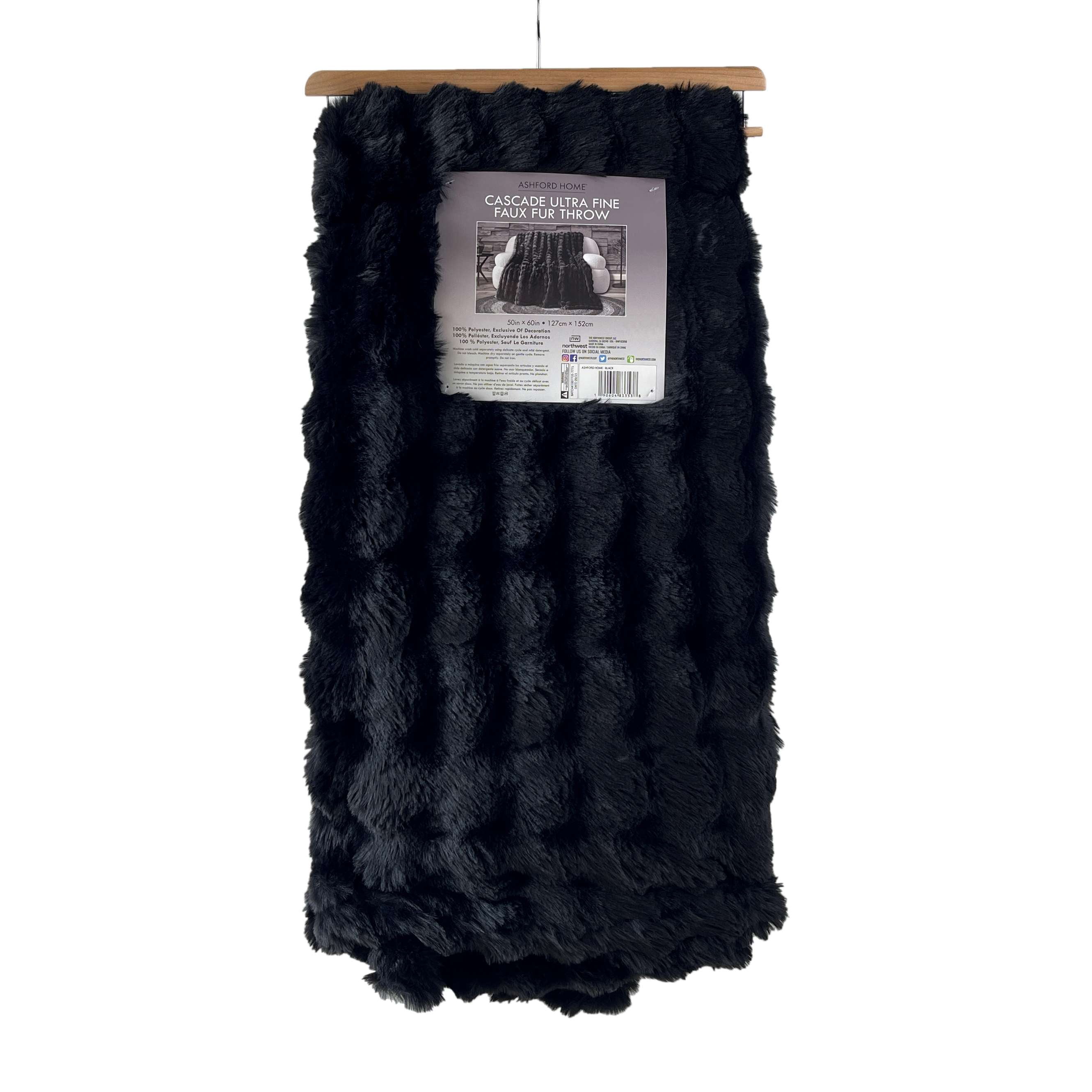 Ashford Home Cascade Ultra Fine Faux Fur Throw Blanket, Black, 50 x 60 inches