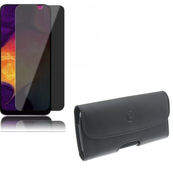Galaxy A50/A20 - Leather Case Belt Clip w Tempered Glass Privacy Screen Protector, Holster Cover Loops Pouch, Anti-Spy Anti-Peep 3D Edge Curved for Samsung Galaxy A50/A20