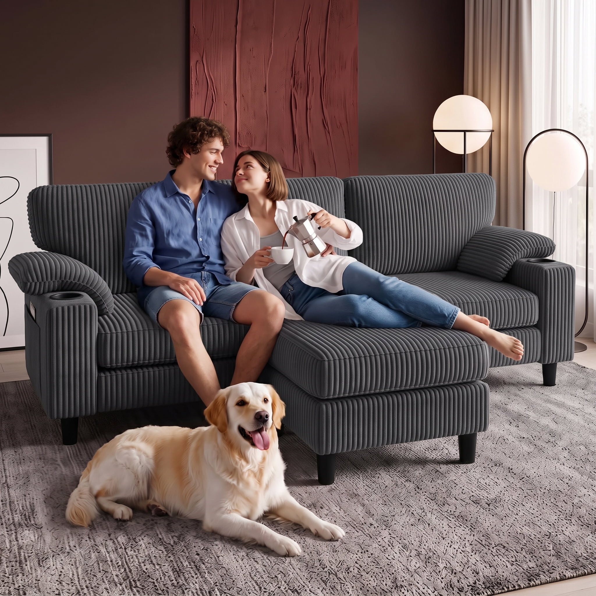 Xiweot 80" L Shaped Sectional Sofa, 3 Seater Convertible Couch with Storage Ottoman, Charging Ports & Cup Holders, Corduroy Comfy Upholstered Sofa for Living Room Apartment, Dark Gray