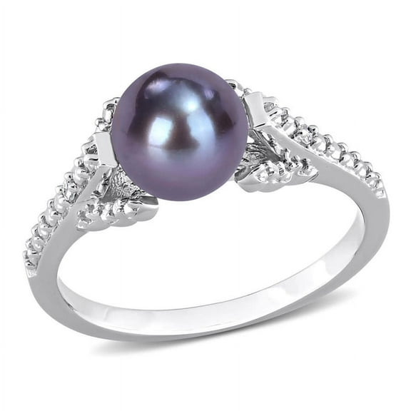 AMOUR 7-7.5mm Black Freshwater Cultured Pearl and Diamond Accent Split Shank Ring In Sterling Silver