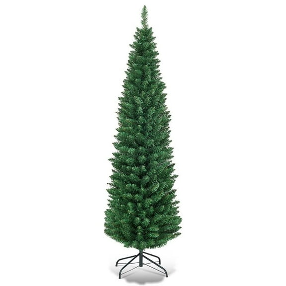Pemberly Row 6Ft PVC Artificial Pencil Christmas Tree Slim Stand Green