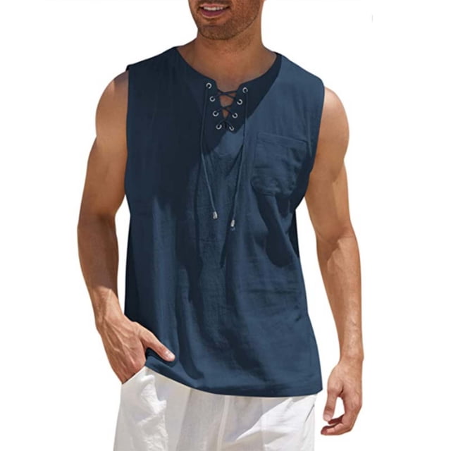 pstuiky Camiseta sin mangas para hombre, Camiseta sin mangas con cuello en V, holgada, informal, con cordón y bolsillo, de color liso y a la moda para hombre Camisas para hombres 28