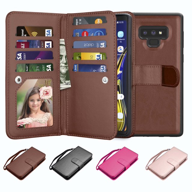 Galaxy Note 9 Case, Note 9 Wallet Case, Luxury PU Leather Wallet Case with ID&Card Holder Slot Detachable Magnetic Hard Case & Kickstand Case For Samsung Galaxy Note 9 -Brown