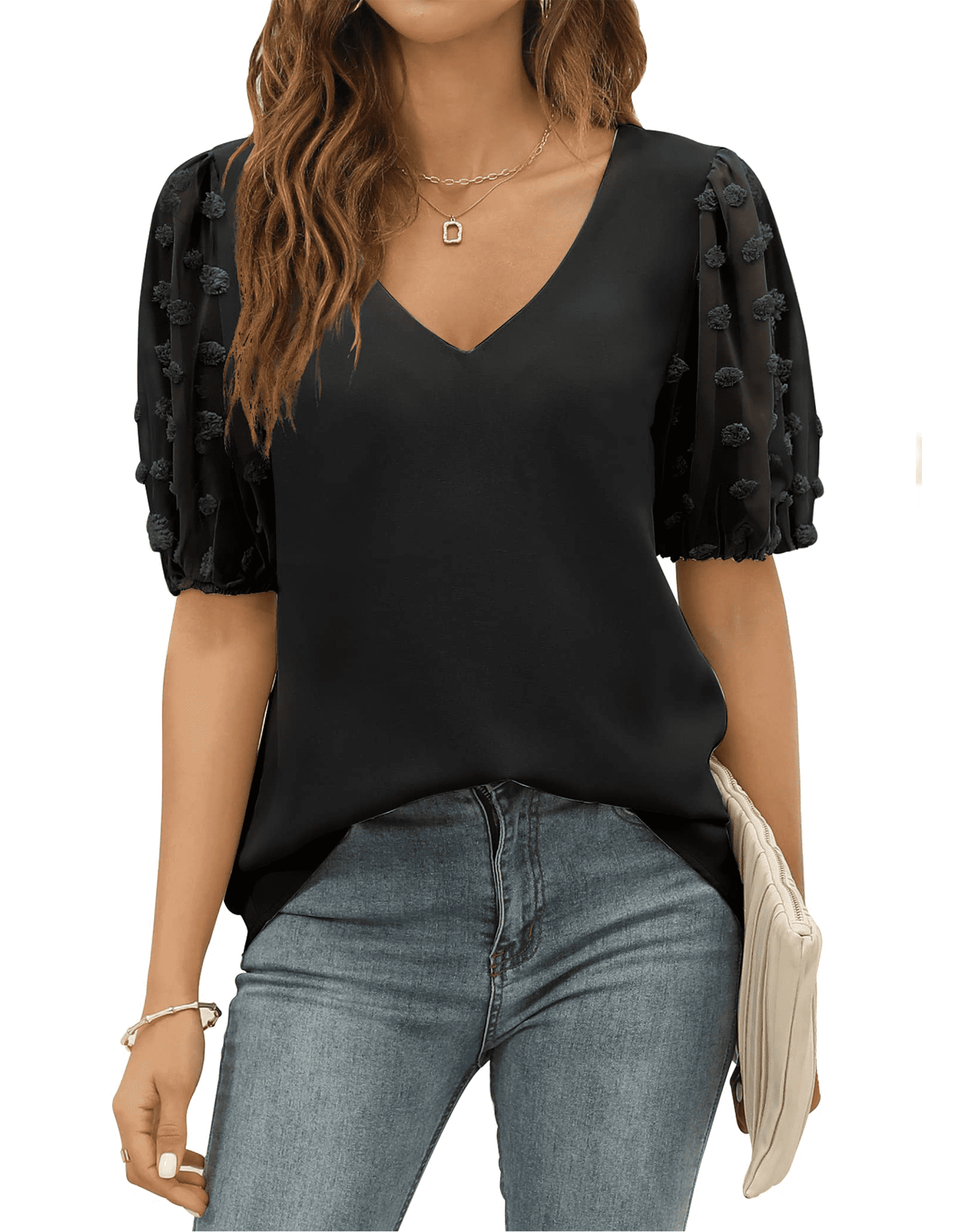 BYSURE Womens Black Tops Dressy Casual Business Puff Sleeve Shirts