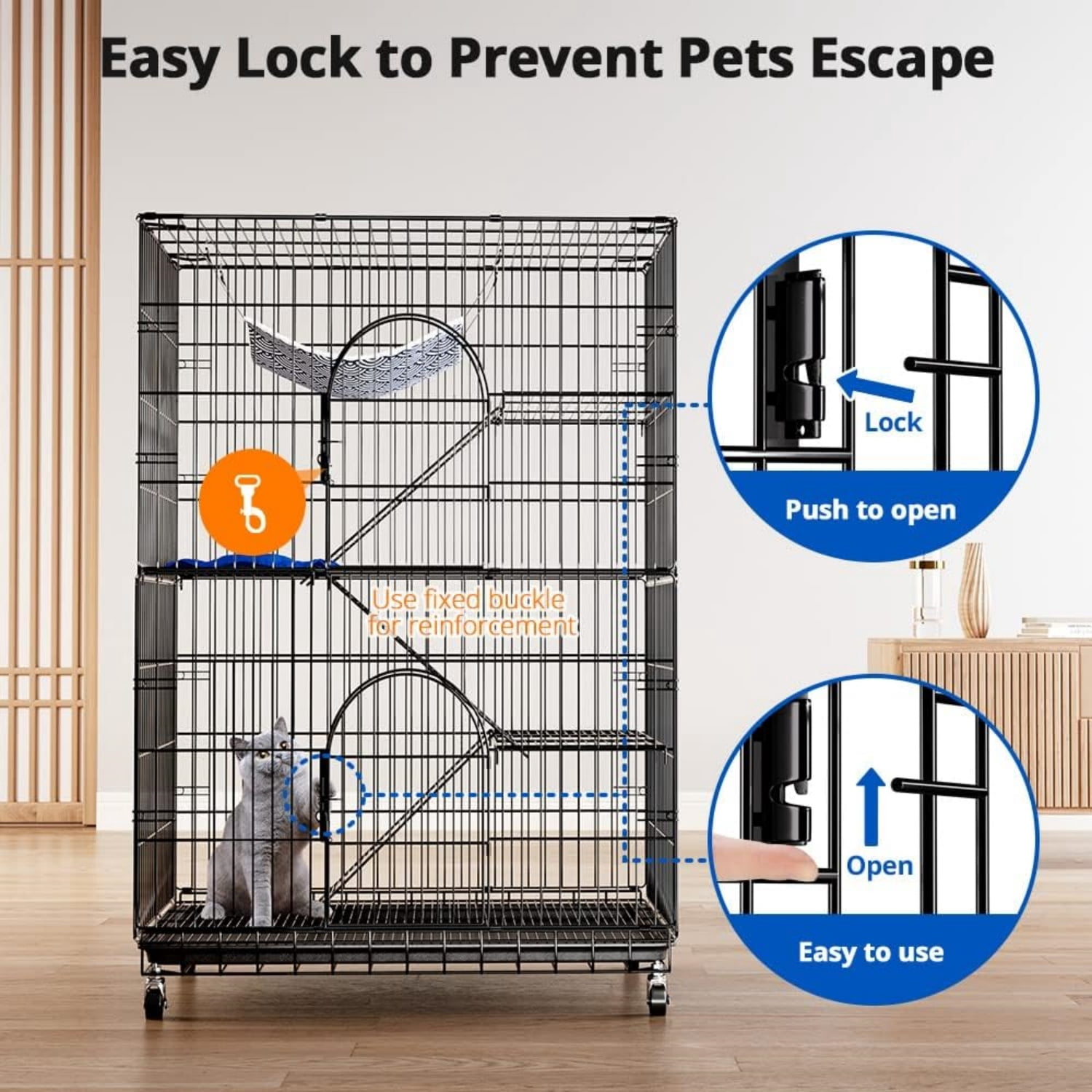 4-Tier Cat Cage 51 Inch Cat Crate Kennel Enclosure Playpen Large Metal Pet Cat Kitten Ferret Animal House Cage Indoor Outdoor with 2 Doors & 1 Hammock