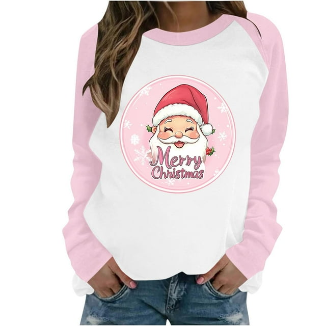 HVOBTTY Chandail-Over pour Femmes, Chandail Décontracté Imprimé de Noël à Manches Longues Col Rond Raglan Rose, TTTTG