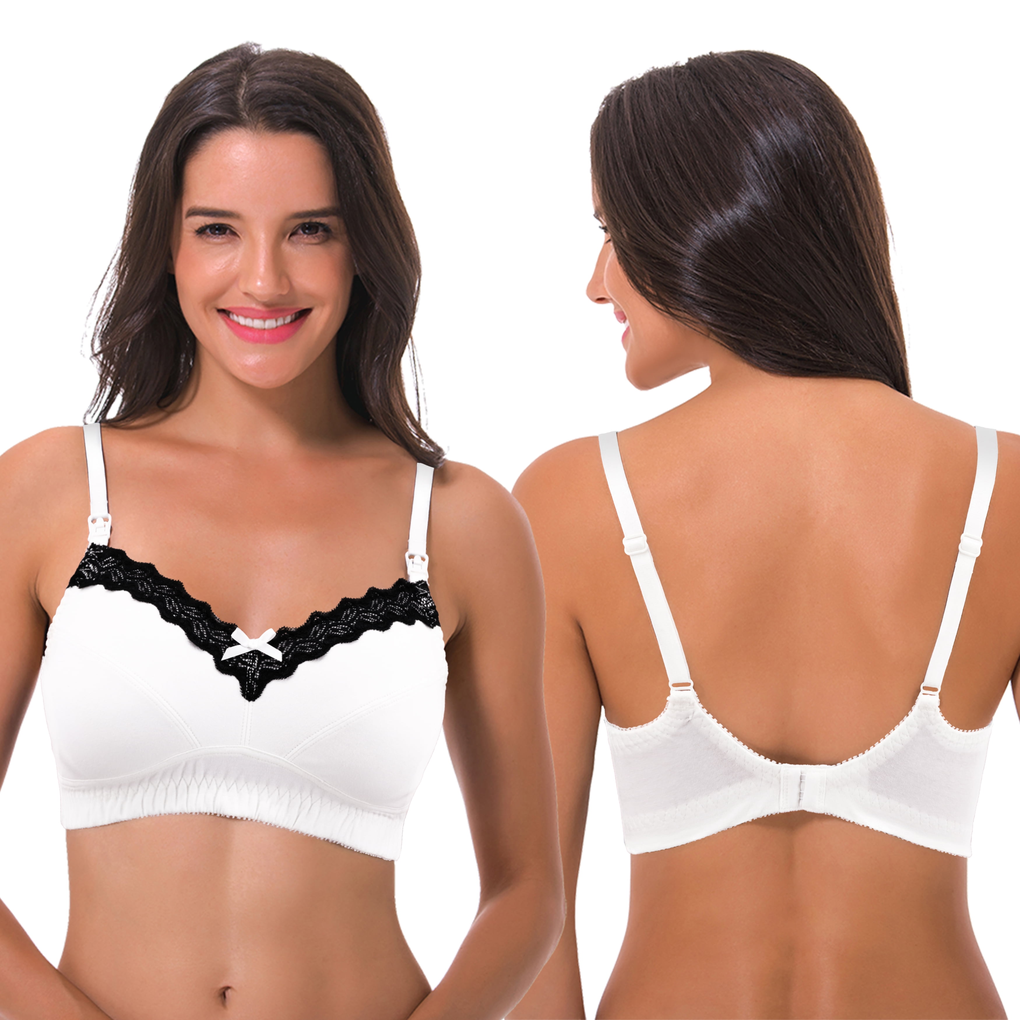 Curve Muse Women's Nursing Plus Size Wirefree Cotton Bra With Upper Lace-3Pack-LAVENDER,PINK,IVORY-34C