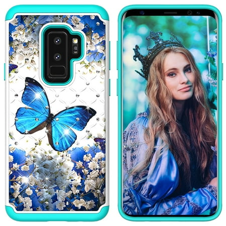 Bling Bling Hard Back Case - Galaxy S9 Plus Case,Samsung Galaxy S9+ Case, Allytech Tough Dual Layer 2 in 1 Rugged Rubber Hybrid Hard PC Soft TPU Impact Back Protective Cover Coloured Drawing with Bling Diamond, Blue Butterfly