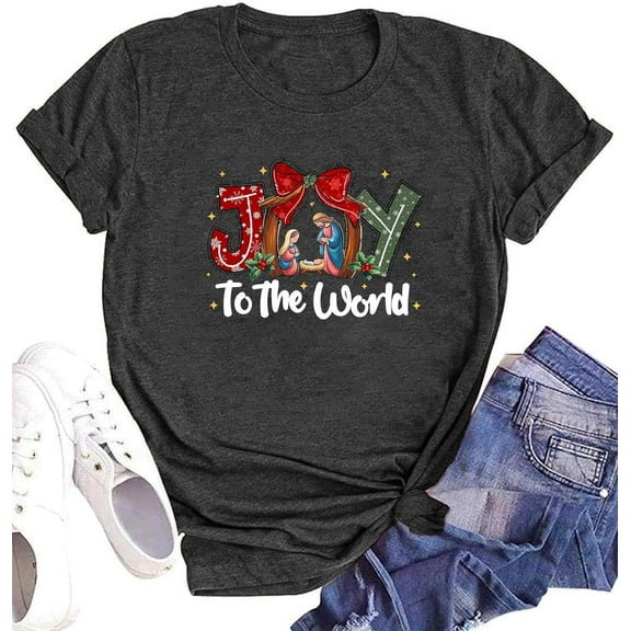 The World Shirt for Women Christmas Shirts Religious Xmas Short Sleeve Holiday Christian Tee Outfits