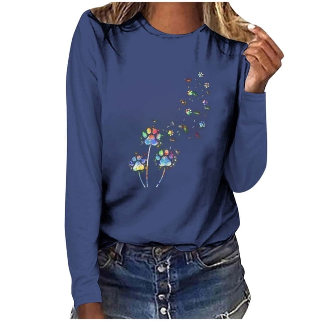 Pisexur Hauts pour Femmes Mode d'Automne T-Shirt à Imprimé Graphique Amusant Col Rond Manches Longues Chemises pour Femmes Chic Décontracté Hauts de Sortie Confort Polyvalent Blouses Légères