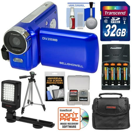 Bell & Howell DV200HD HD Video Camera Camcorder with Built-in Video Light (Blue) with 32GB Card + Batteries & Charger + Case + Tripod + LED Video Light + (Best Hd Camcorder For Low Light Conditions)