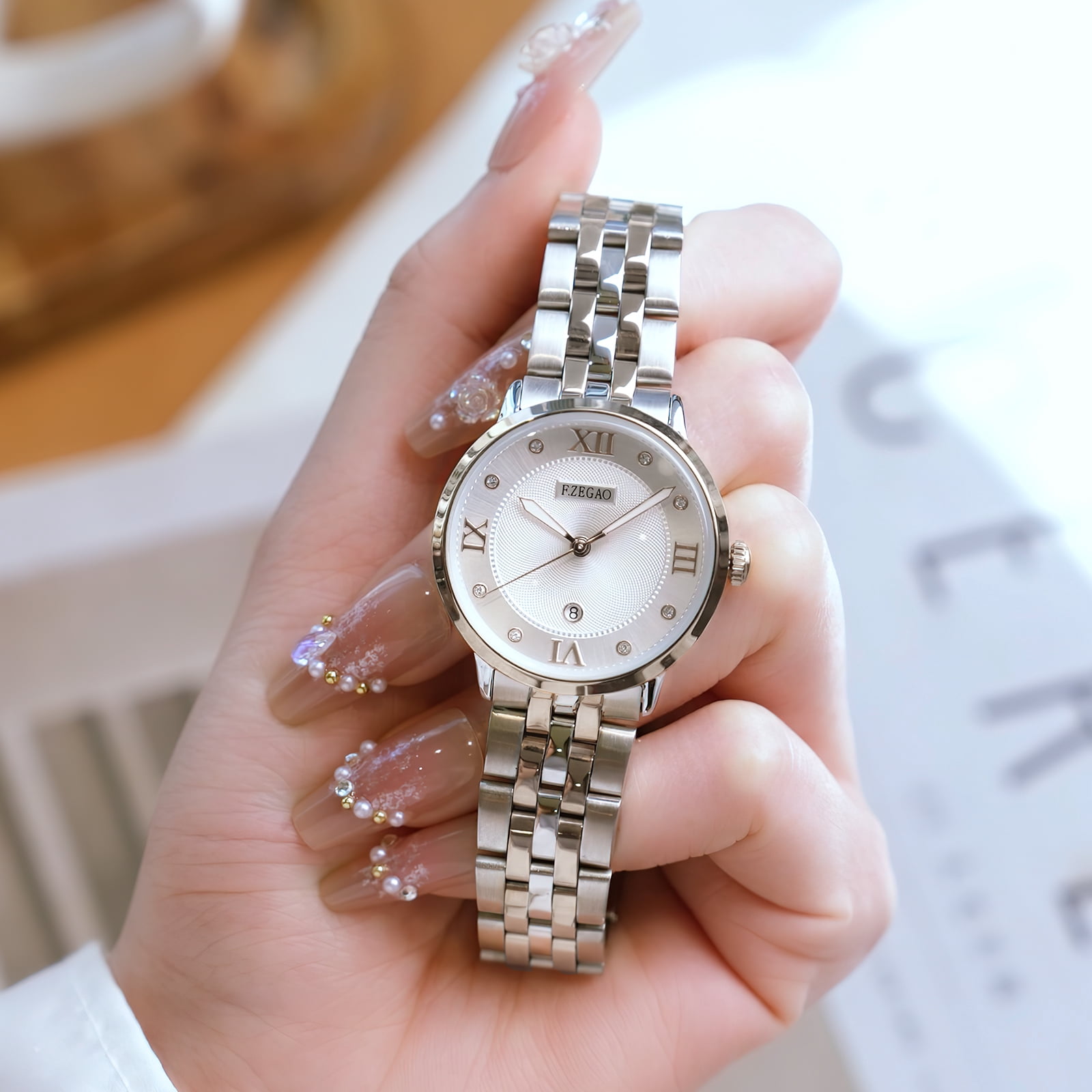 Analog Watches for Women, Diamond Luxury Women Dress Watches, Waterproof Date Display Royal Silver