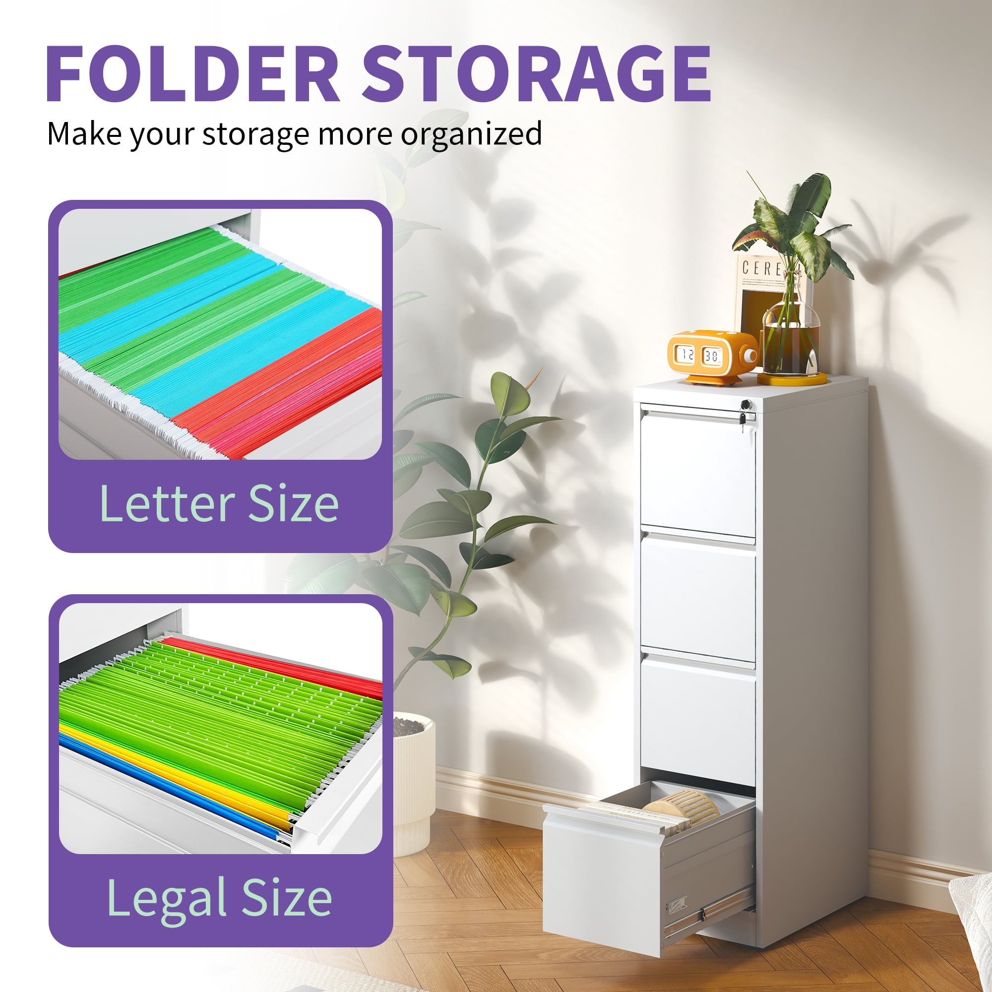 Xukmct Office Home Metal Vertical File Cabinet with Lock, 4 Drawer Steel Vertical File Cabinet for A4 Letter Size, White