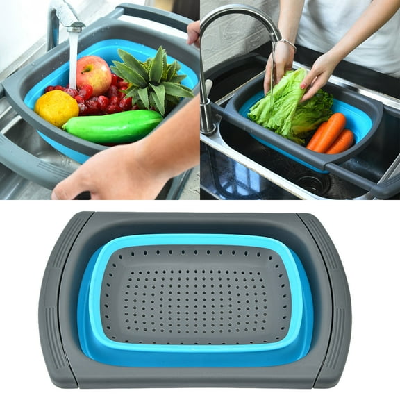 Large Collapsible Colander Basket 15.15x13.11 Inch, Folding Expandable Kitchen Sink Strainer forWashing Vegetables Fruits and Draining Pasta, 6 Quart Capacity Multipurpose Drain Tray