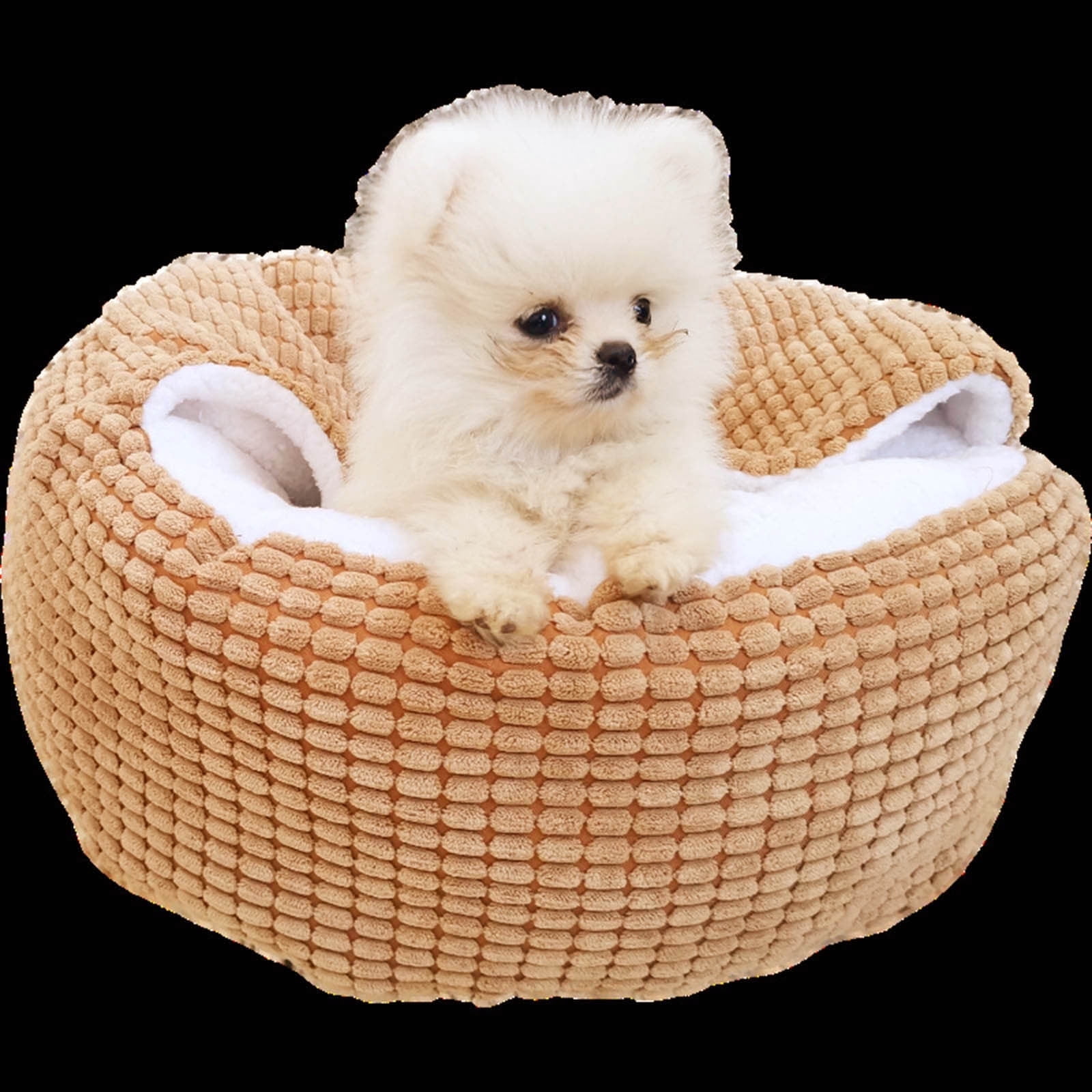 Pet Beds for Small Animals Cozy Hooded Calming Round Bed with Attached Blanket Soft Cuddler Burrow Style for Small Dogs and Cats - Bottom -Friendly S Khaki