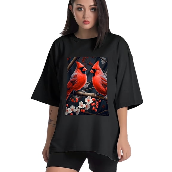 Plus Size Shirt for Women Black Tops for Women Short Sleeves Shirt for Women Cardinal Red Birds T Shirt Crewneck Shirt for Women XS