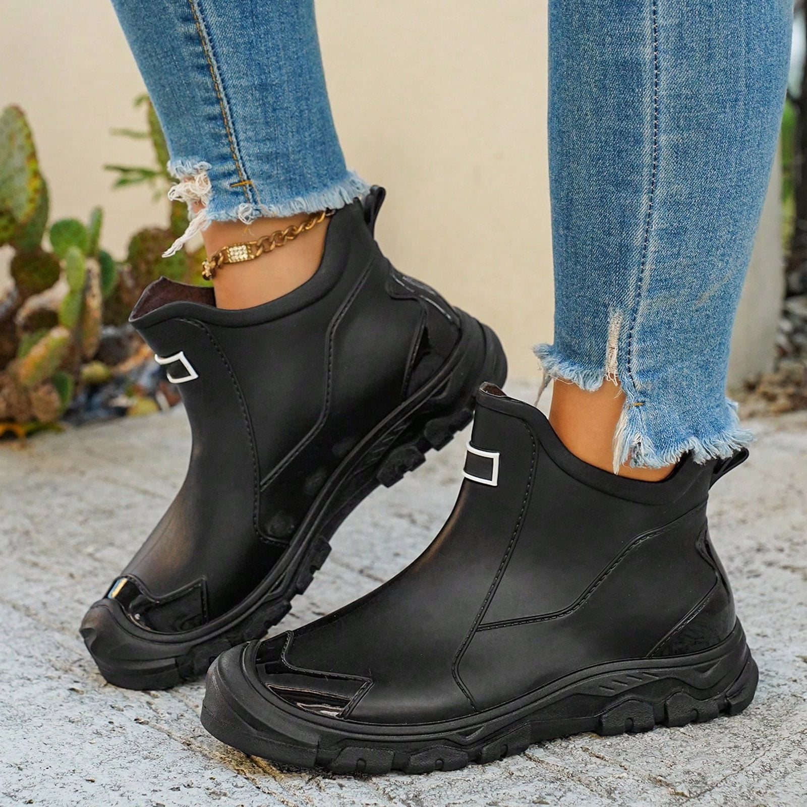 Stylago Ankle Rain Boots for Women Water Proof Garden Boot Wide Mouth Outdoor Comfortable Slip on Rubber Shoes for Rainy Black Size 9.5