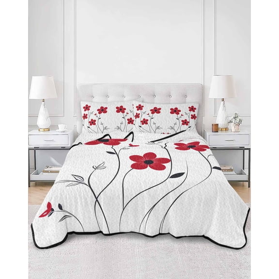 Quilts Queen Size, Red Spring Floral Soft Comforter Bedding Set for Bed, Elegant Summer Botanical Pastoral Lightweight Quilted Bedspread with Pillow Cover(2 Pieces) for All Season, 90x96 Inch