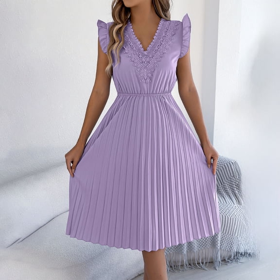 Taylonsss Womens Dress Casual Fashion V Neck Ruffled Waist Pleated Sleeveless Mid Calf Flowy Summer Outfit