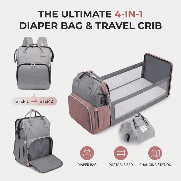 Multi-Functional Diaper Bag Backpack, 4-in-1 Portable Baby Bed & Travel Bassinet with USB Charging Port and Insulated Pockets