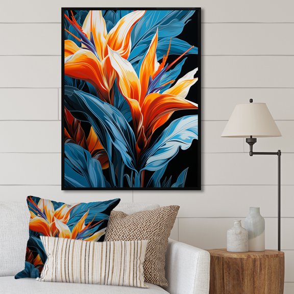 Designart "Tropical Flowers Birds of Paradise III" Floral Framed Wall Art - Traditional Orange Birds Of Paradise Hallway Framed Wall Art Decor
