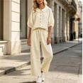 thumbnail image 3 of Uootdi Women's 2 Piece Matching Lounge Set Puff Sleeve Peter Pan Collar Button Top Drawstring Wide Leg Linen Pants Set with Pockets, 3 of 7