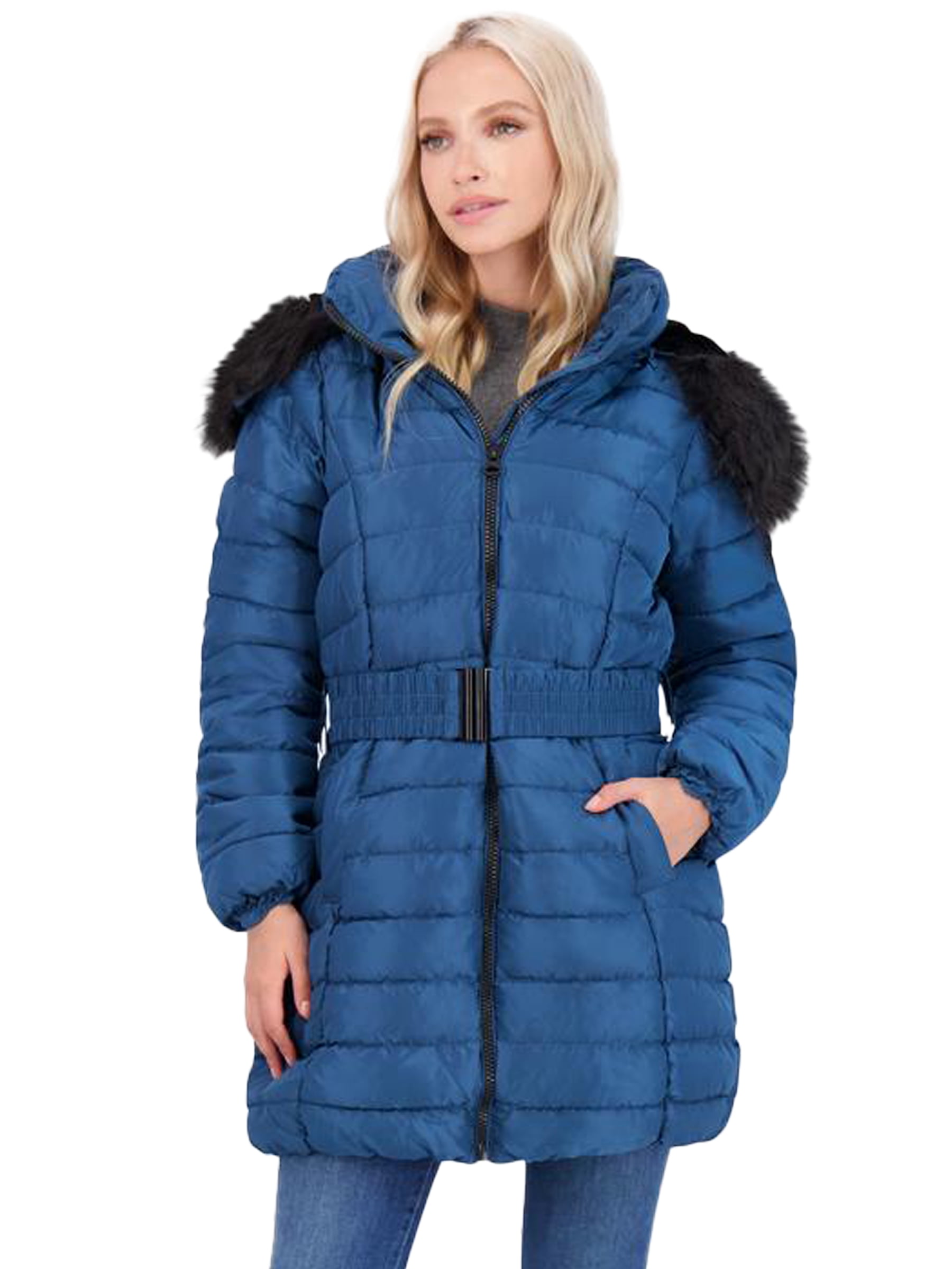 Womens Ladies Quilted Winter Coat Puffer Fur Collar Hooded Jacket Parka Size 