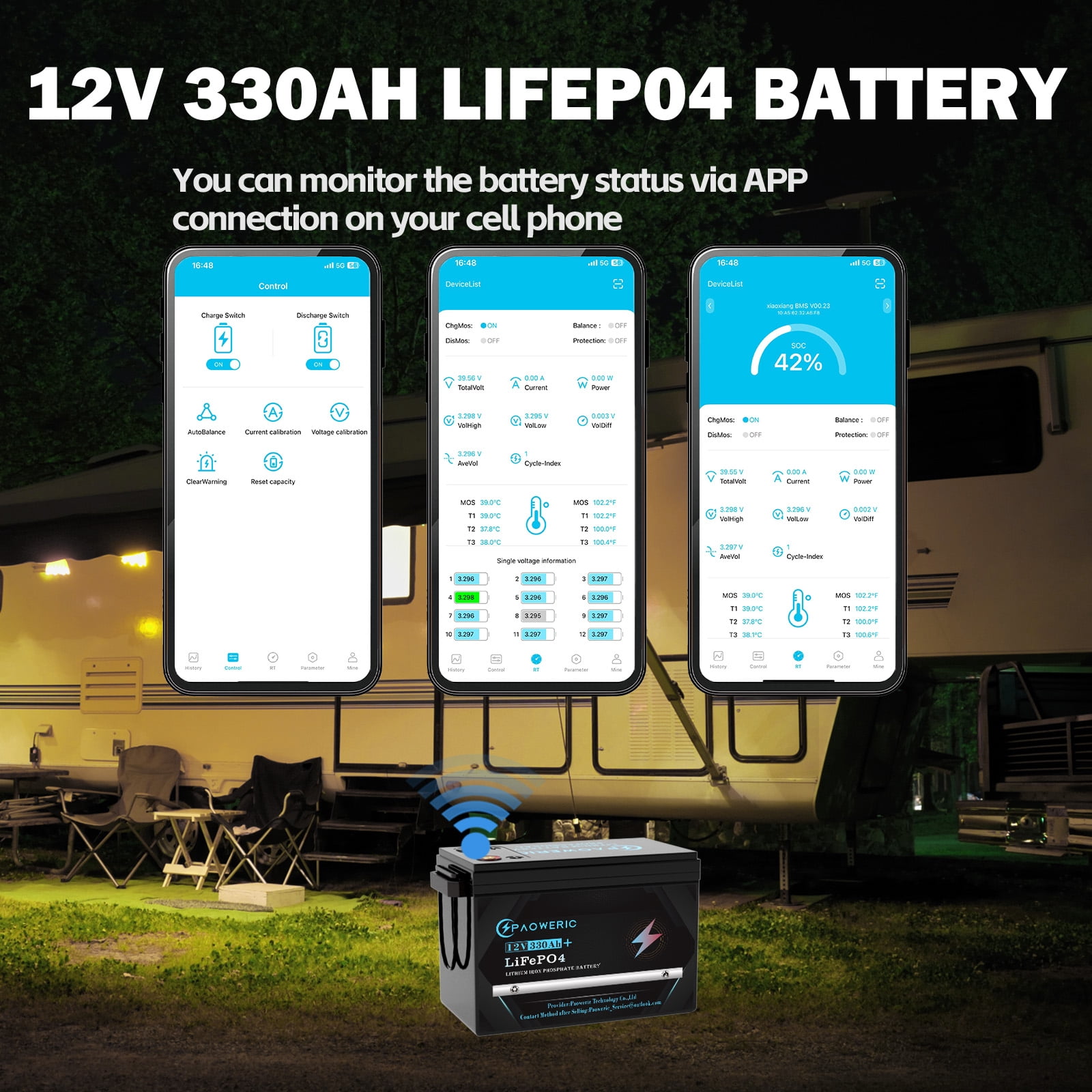 Paoweric 12V 330Ah LiFePO4 Lithium Battery with Smart 200A BMS, Compact Lithium Iron Phosphate Battery for Solar, RV, Home Energy Storage