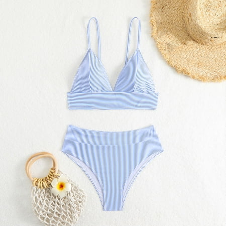 POROPL Womens Swim Suits Fashion Bikini Halter Top Bandeau Swim Striped Print Swim Blue Size S-L