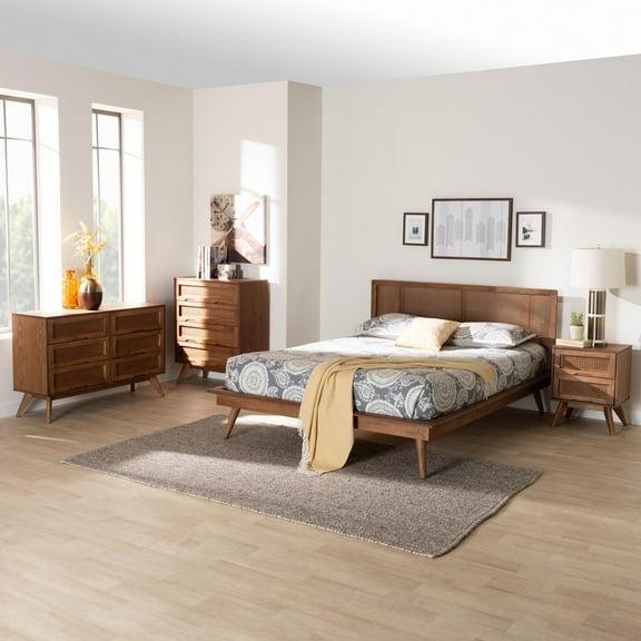 Baxton Studio Nura Mid-Century Modern Walnut Brown Finished Wood and Rattan Full Size 4-Piece Bedroom Set