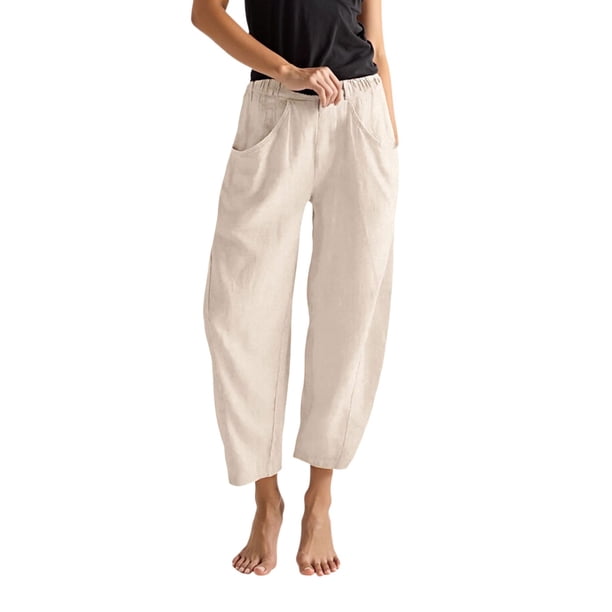 Pantalones anchos de lino para mujer con cintura elástica - Pantalones holgados y casuales con bolsillos para el verano y la playa