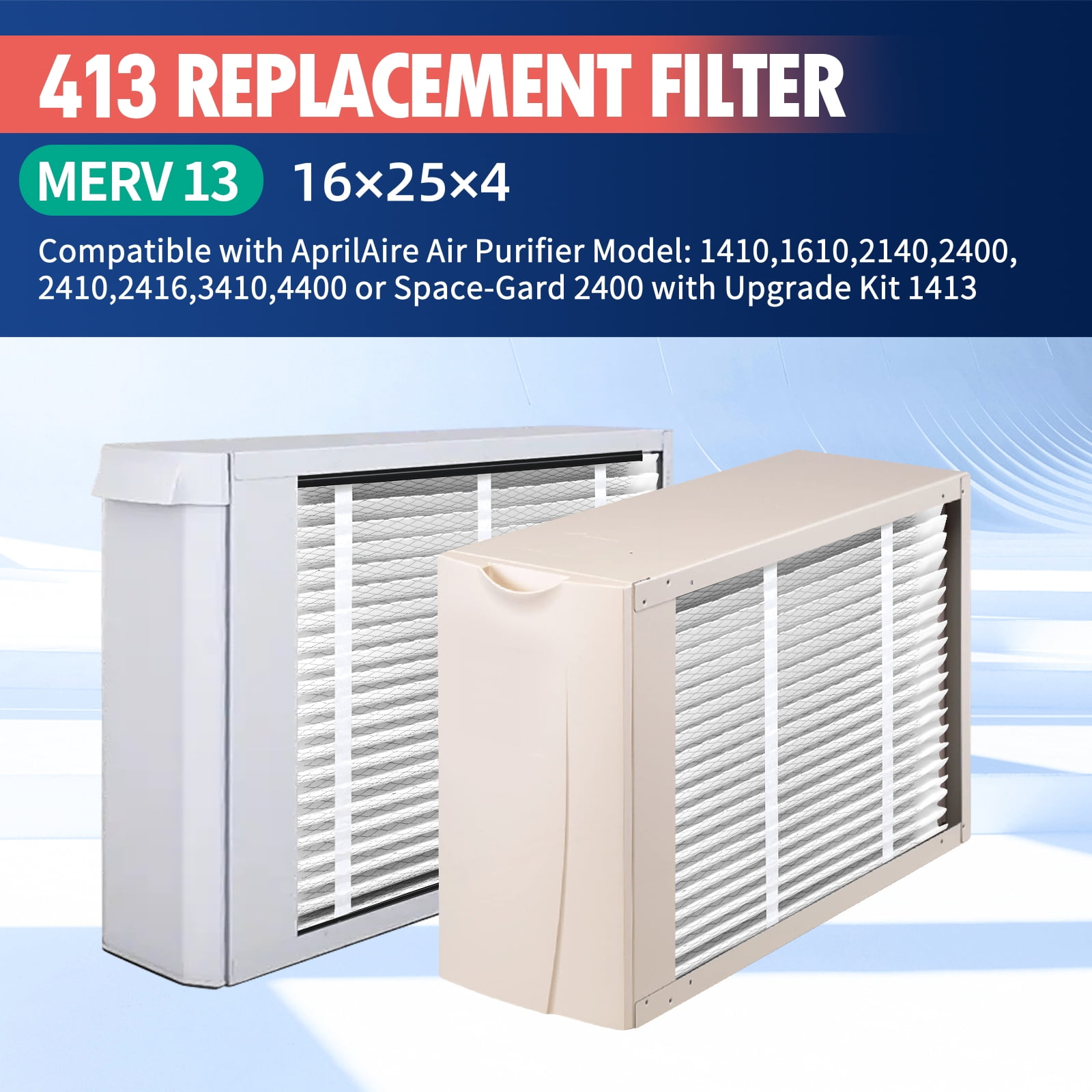 2 Pack 413 Replacement Filter,MERV 13 16x25x4,Compatible with AprilAire Whole House Air Purifiers 1410, 1610, 2140, 2400, 2410, 2416, 3410, 4400, or Space-Gard 2400 with Upgrade Kit 1413