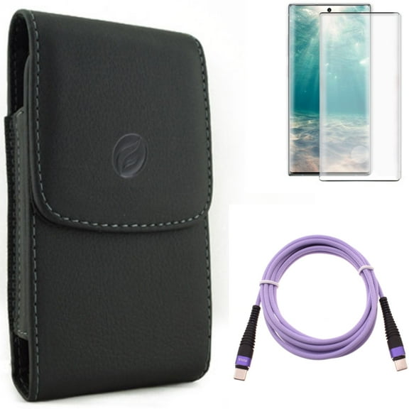 Case Belt Clip & Screen Protector & Purple 6ft PD Cable for Samsung Galaxy Note 20 (6.7") - Combo with Leather Holster & Tempered Glass (Fingerprint Unlock) & Type-C to USB-C Long Charger Cord