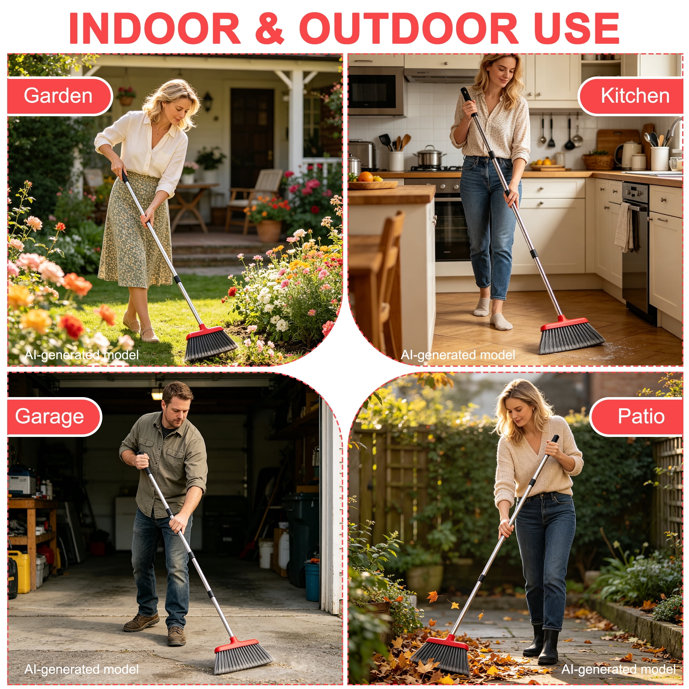 GARITIN Brooms for Floors, Heavy Duty Outdoor Stiff Bristle Angle Broom for Patio, Garage, Deck & Garden, Indoor Sweeping Broom with Long Handle