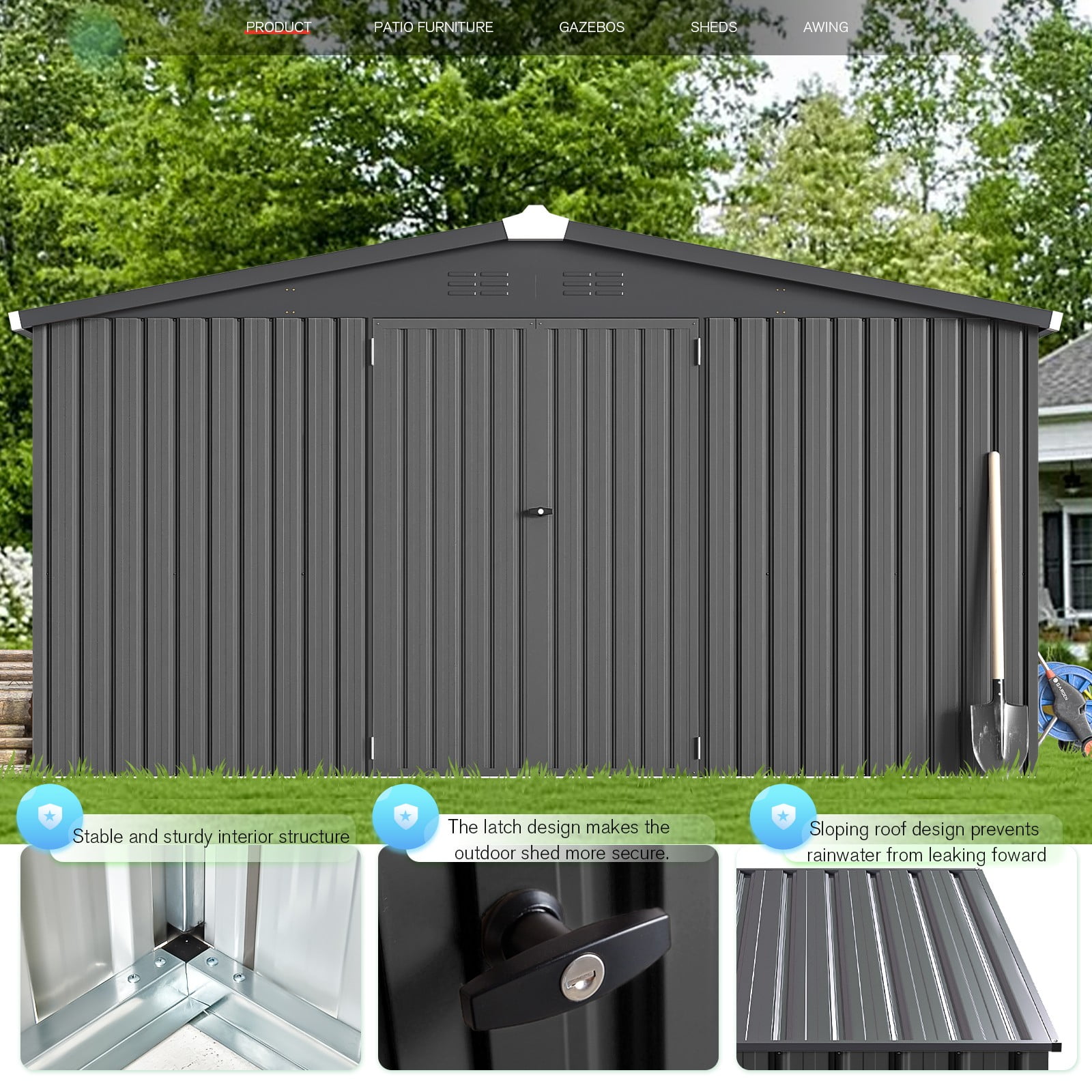 AECOJOY 12' x 12' Outdoor Storage Shed with Lockable Door Patio Metal Garden Storage Building in Dark Gray for Outside