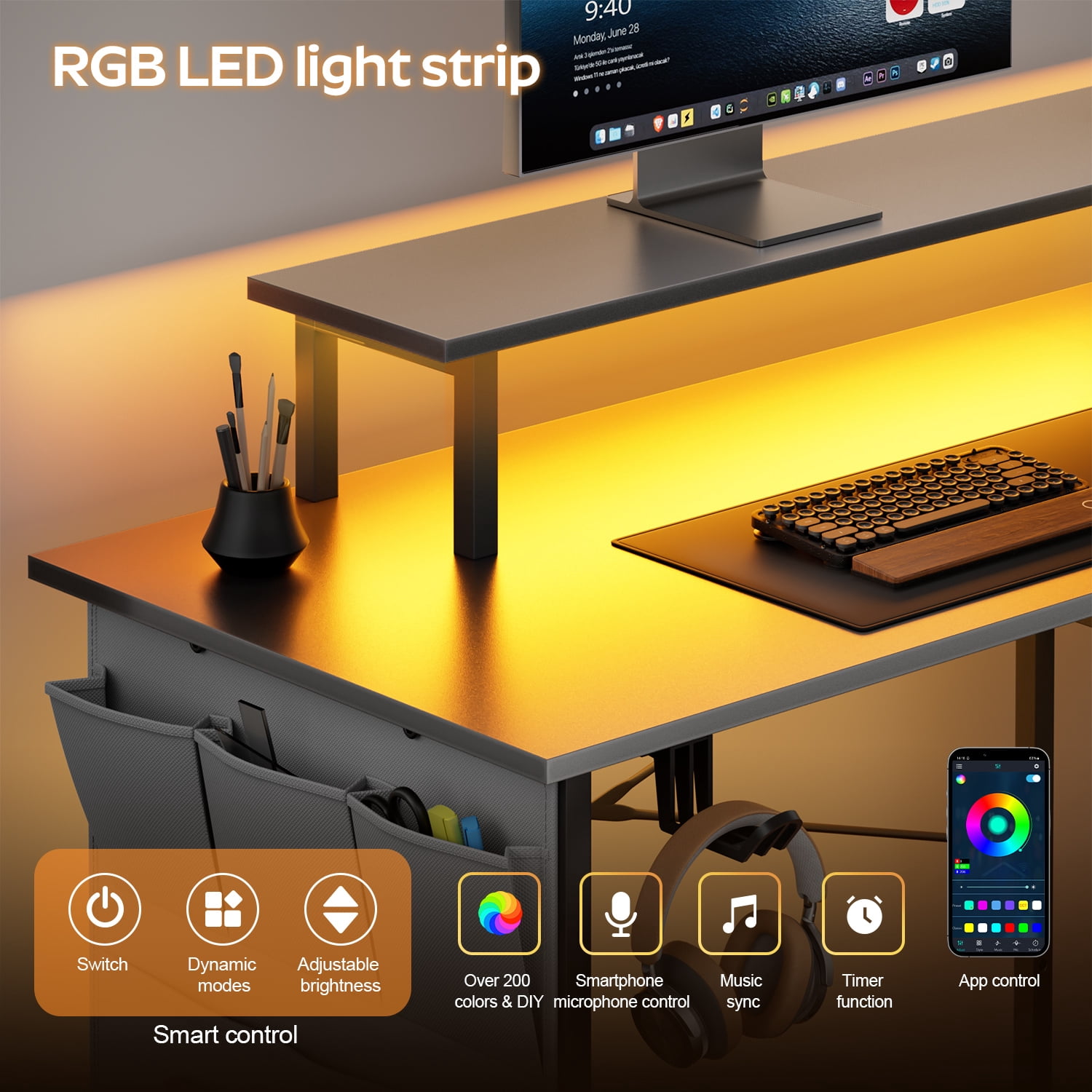 HLDIRECT 43 Inch L Shaped Computer Desk with Power Outlet, Gaming Corner Desk with LED Lights, Home Office Table with Storage Shelves & Monitor Stand, Grey