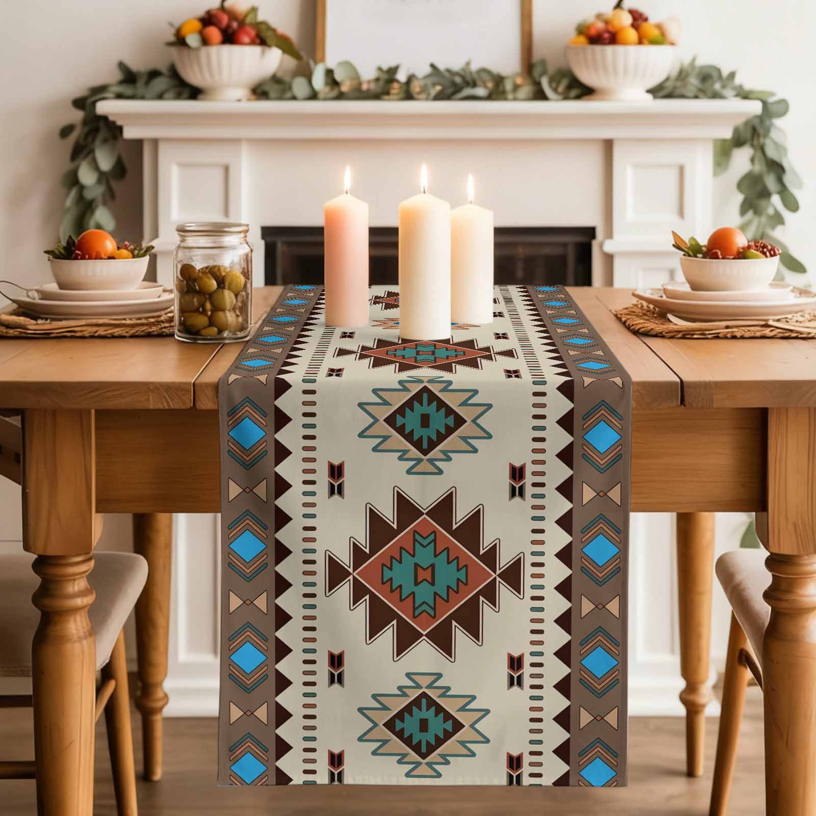 Boho Southwest Table Runner, Farmhouse Aztec Tribe Brown Blue Plaid Washable Cotton Linen Table Runners 90 Inches Long, Dresser Scarf Runner for Dining/Coffee/Kitchen/Hallway Tables 13''x90''