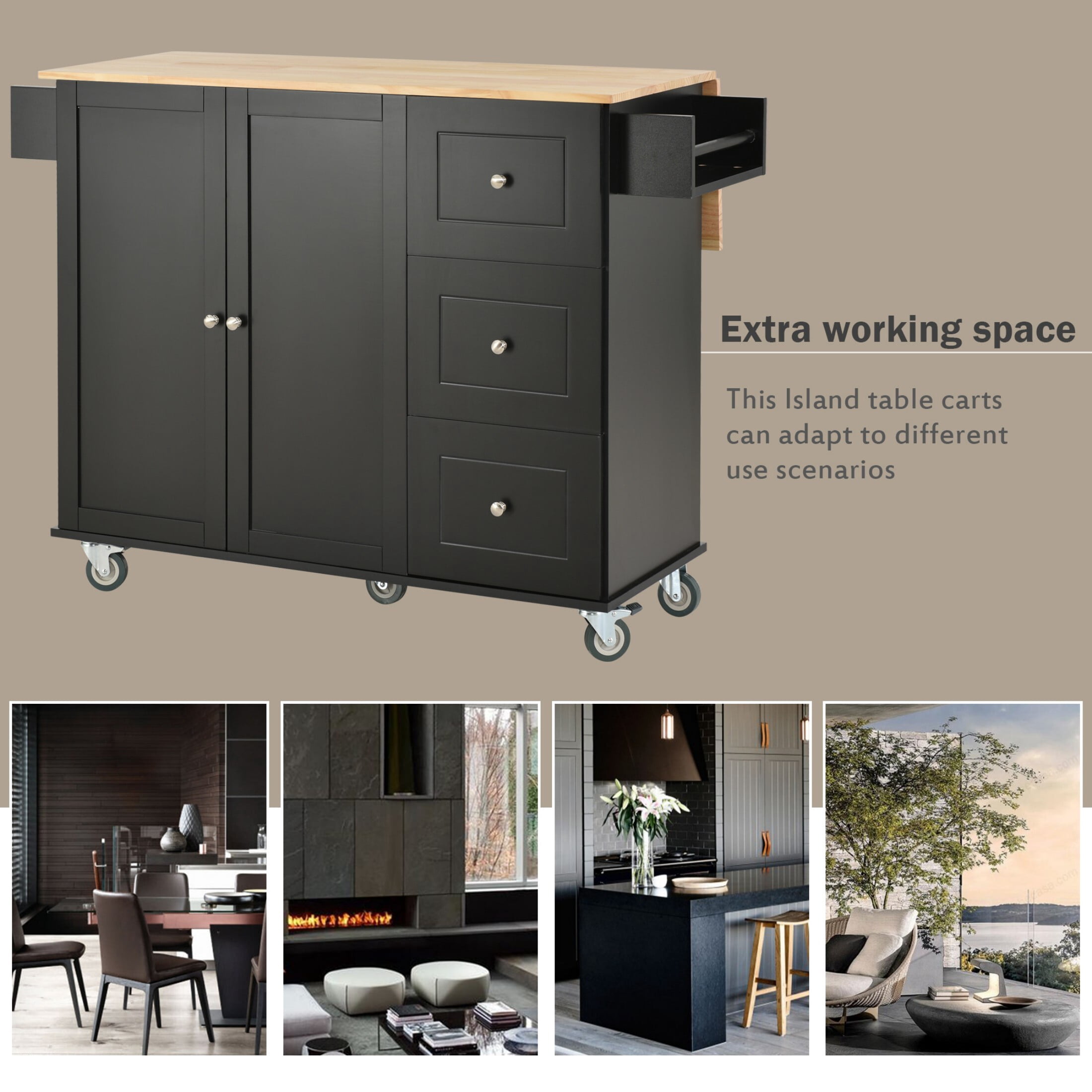 AENKYO 52.7'' Kitchen Island Cart with Drop Leaf, Rolling Kitchen Storage Cart with 3 Drawers, Black