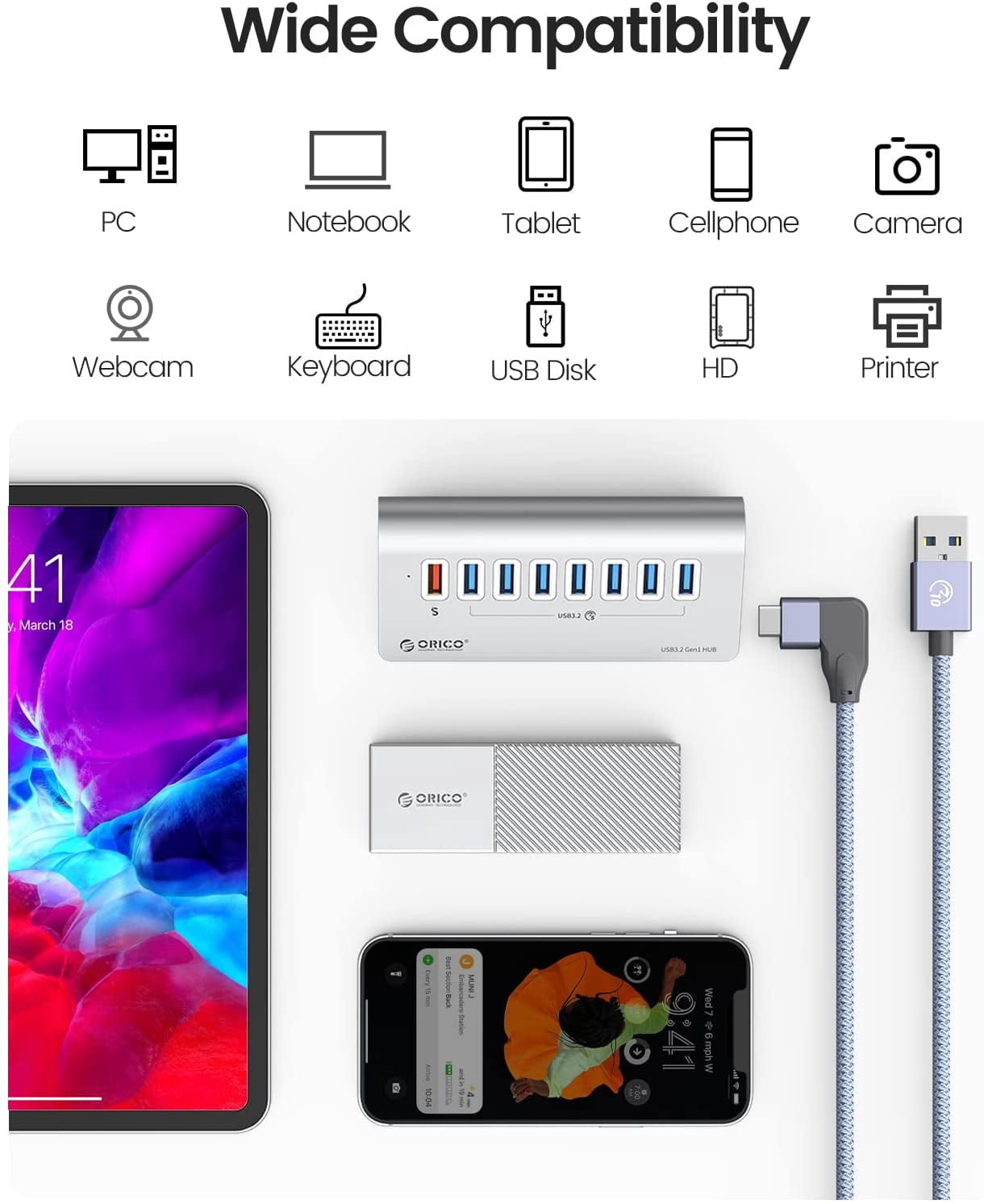 ORICO Powered USB Hub 3.0 Desk Aluminum USB Splitter Hub with 7 USB 3.0 Data Ports + 1 Fast Charging Ports 18w,12v3a Power USB Adapter with 3.28ft Cable