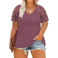 thumbnail image 2 of Women's Plus Size Tops, Loose Trendy V-Neck Lace Short Sleeve Hollow Out T Shirt Trendy Floral Print Holiday Tunic Tops Blouses Ladies Summer Longline Tee Shirts for Work, 2 of 7