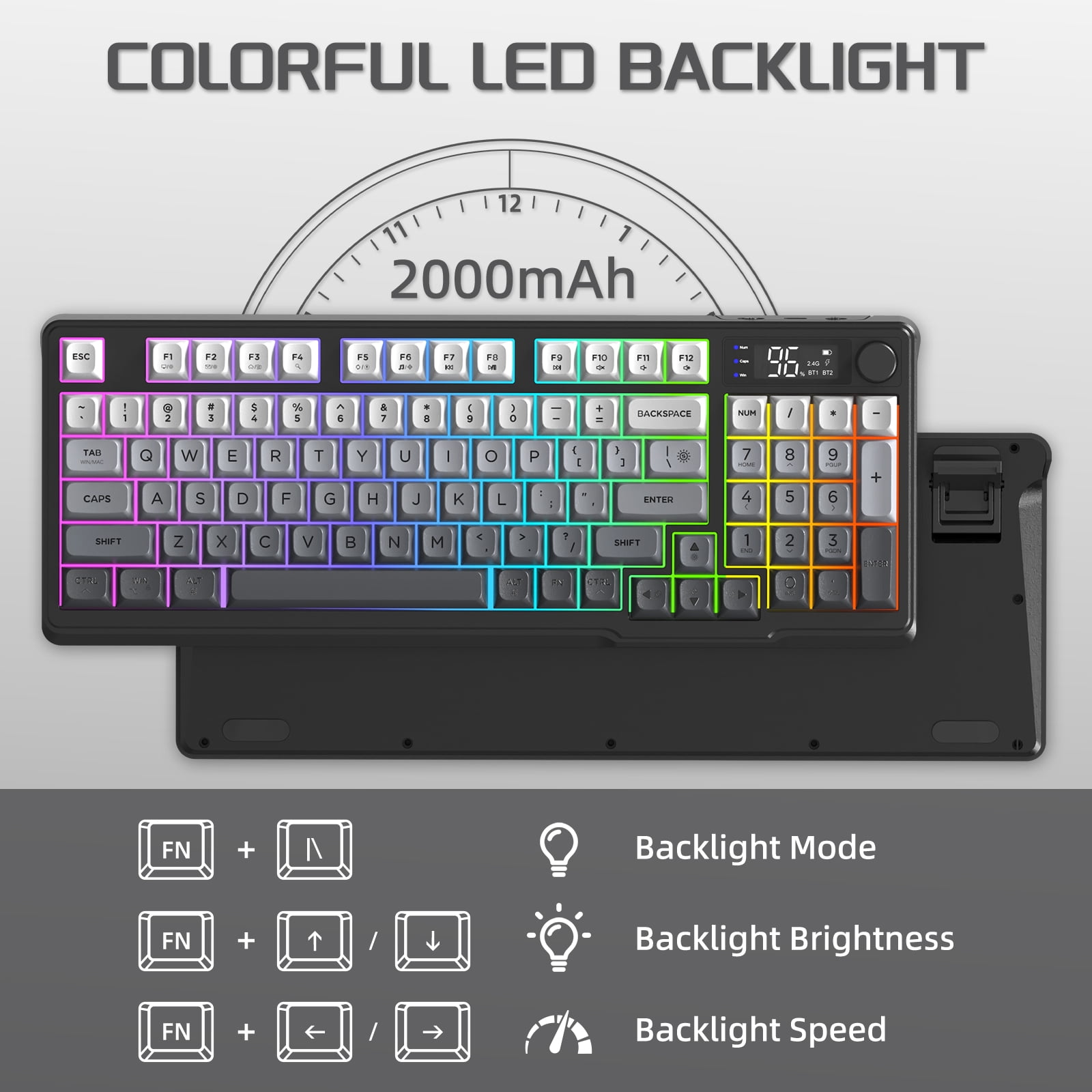 FREEWOLF M96 Wireless Gaming Keyboard Creamy Membrane with Rainbow Backlight,Media Knob,LCD Screen,Dual Mode-Bluetooth/2.4Ghz,Ball Shape PBT Keycap 94 Key...